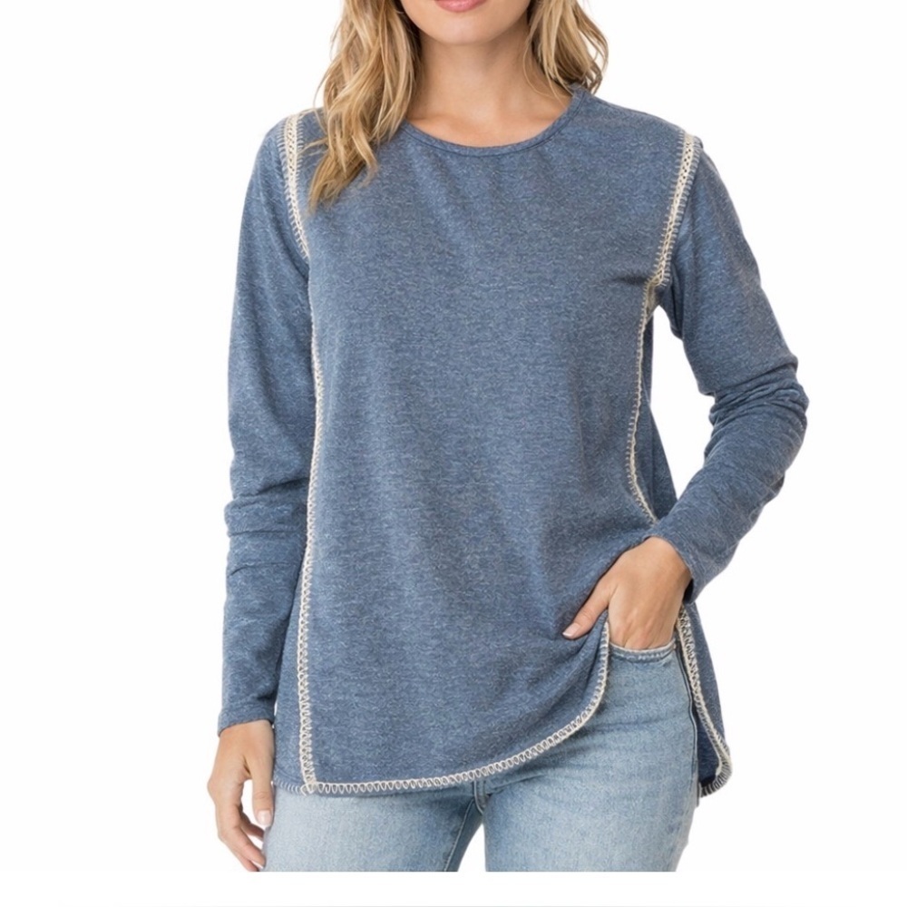 Soft Surroundings sweatshirt embroidered sides Pale blue crew neck SM high/low